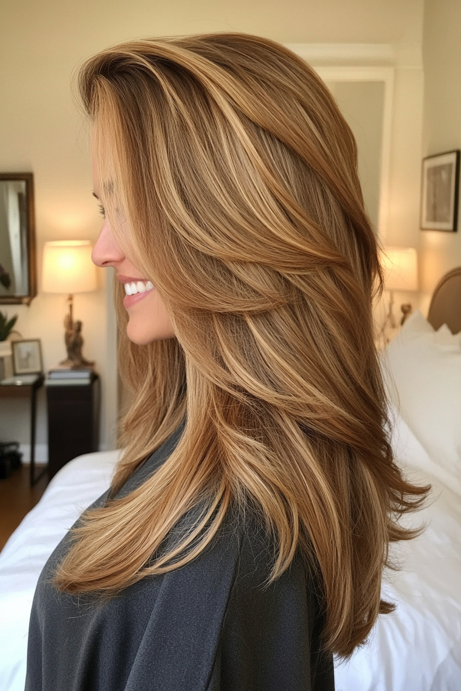 7. Medium Length Layers with Curtain Bangs in Golden Brown (Layered Hairstyles For Thin Hair) - Layered Hairstyles For Thin Hair