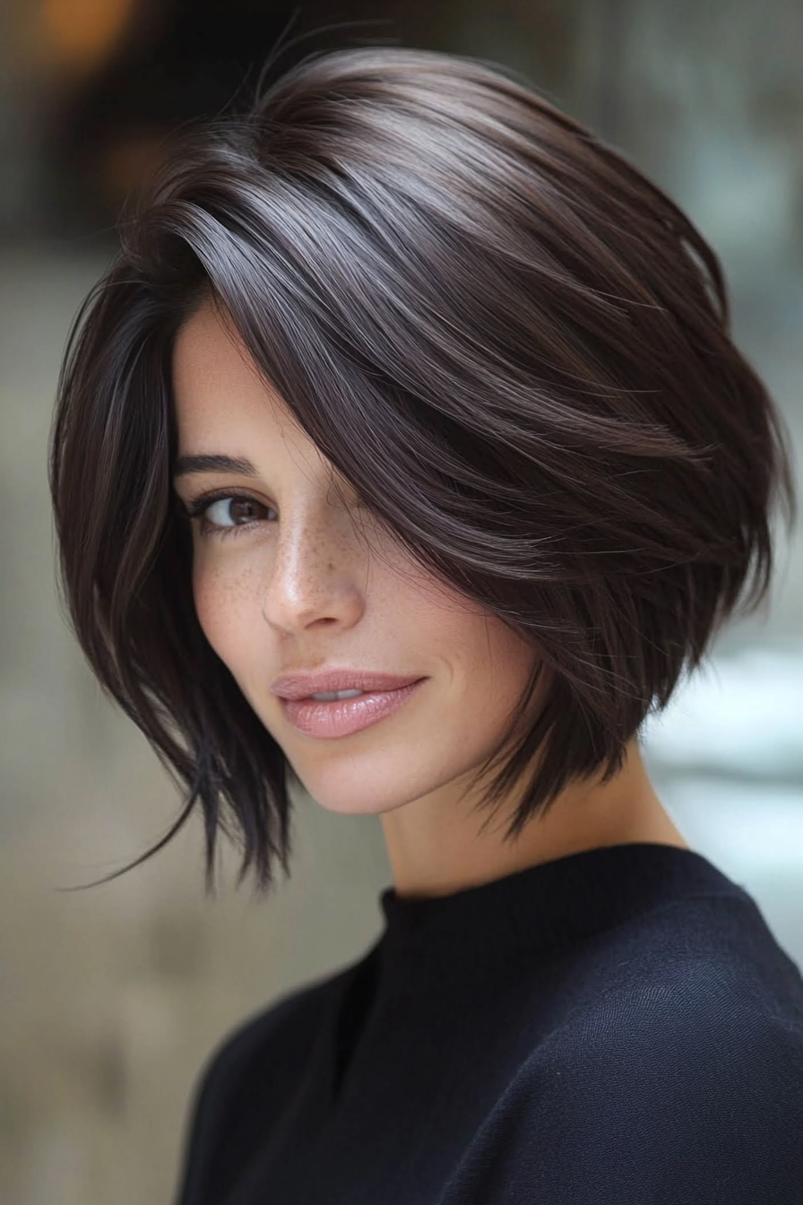 8. Asymmetrical Layered Bob in Dark Chocolate (Layered Hairstyles For Thin Hair) - Layered Hairstyles For Thin Hair