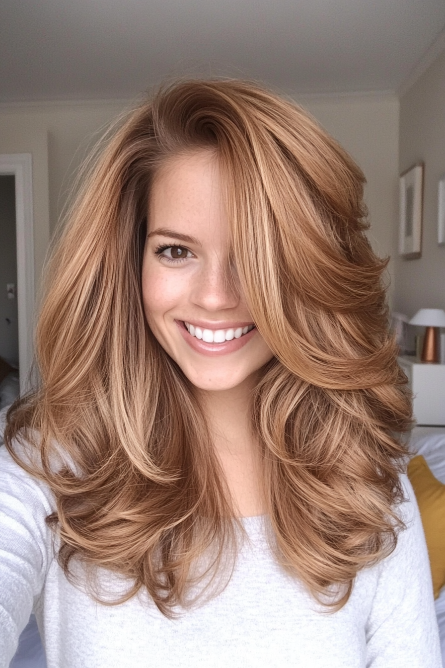 9. Layered Cut with Soft Curls in Caramel Brown (Layered Hairstyles For Thin Hair) - Layered Hairstyles For Thin Hair