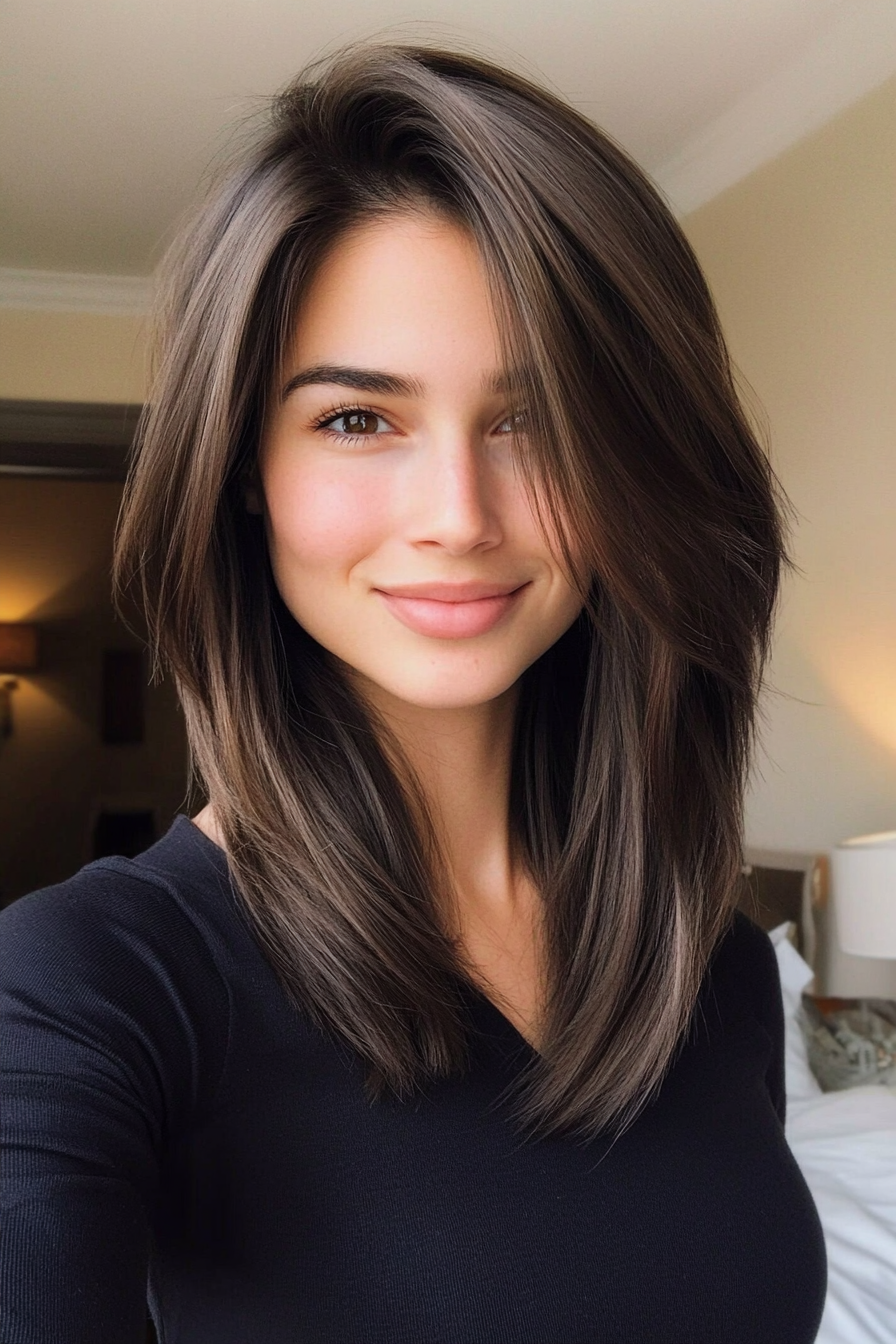 10. Choppy Layers with Middle Part in Espresso Brown (Layered Hairstyles For Thin Hair) - Layered Hairstyles For Thin Hair