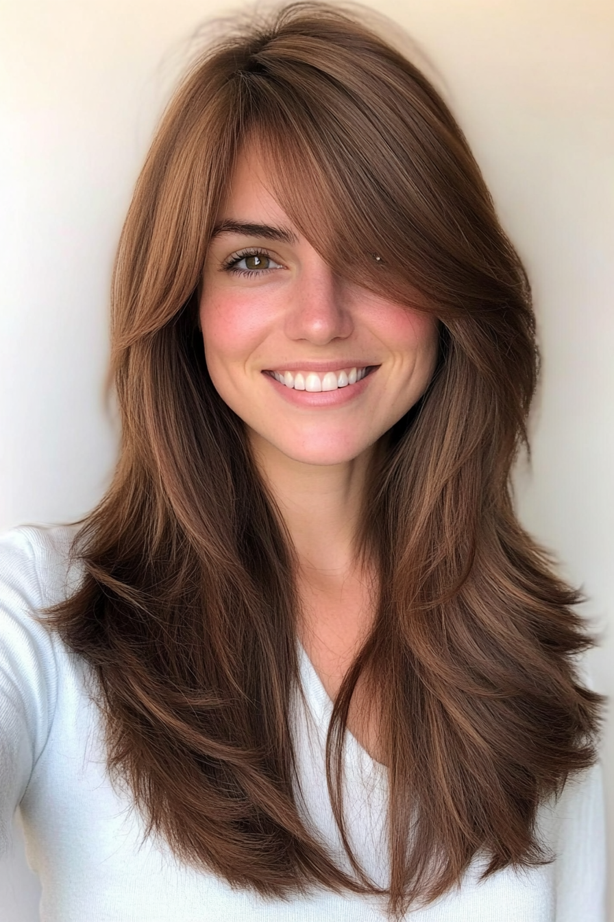 14. Long Layers with Side Bangs in Chestnut Brown (Layered Hairstyles For Thin Hair) - Layered Hairstyles For Thin Hair