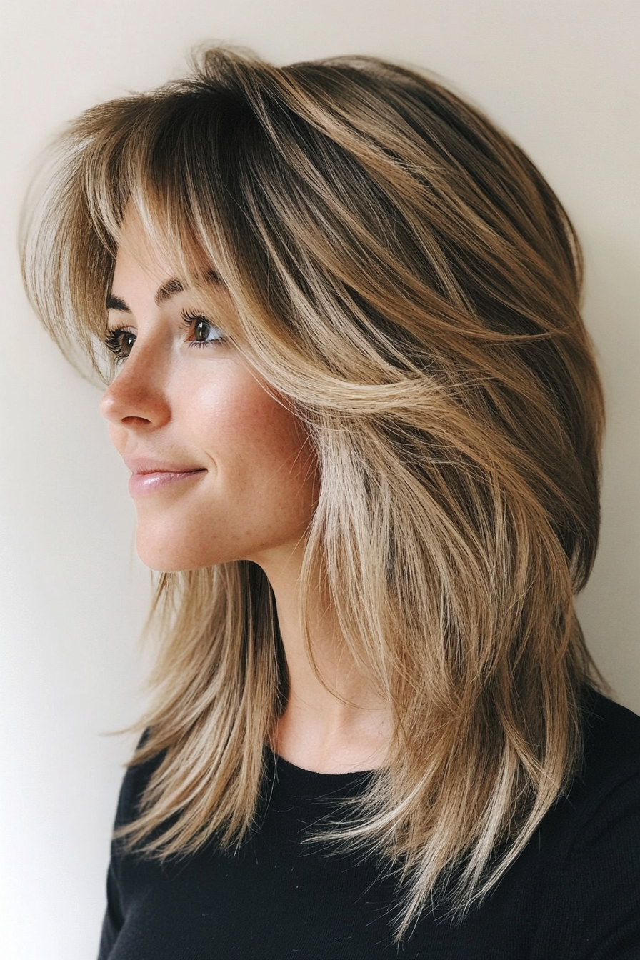 15. Layered Shag with Curtain Fringe in Dark Blonde (Layered Hairstyles For Thin Hair) - Layered Hairstyles For Thin Hair
