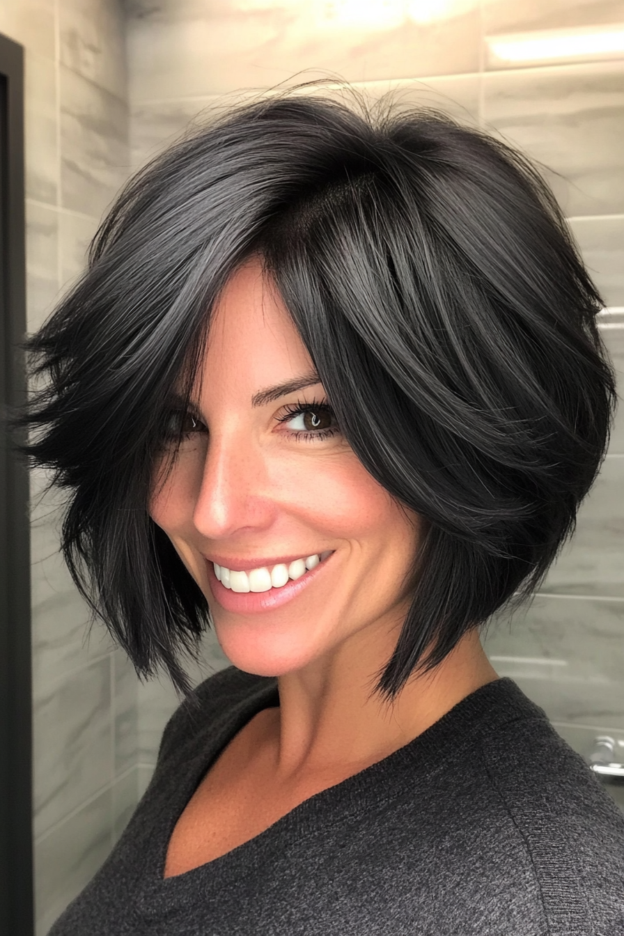 16. Short Layered Bob with Tapered Nape in Jet Black (Layered Hairstyles For Thin Hair) - Layered Hairstyles For Thin Hair