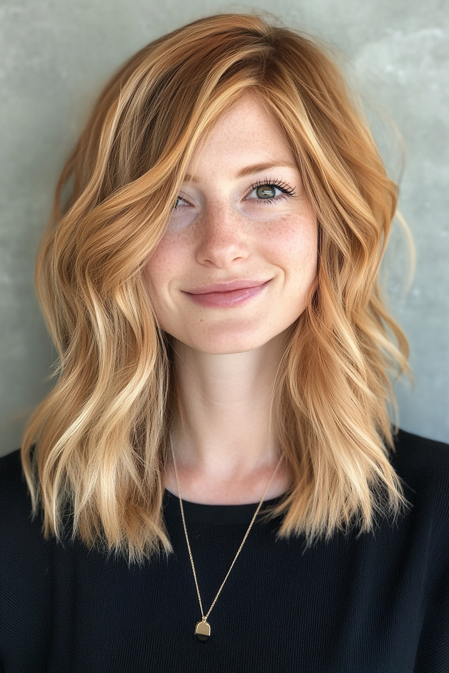 17. Layered Lob with Beach Waves in Honey Blonde (Layered Hairstyles For Thin Hair) - Layered Hairstyles For Thin Hair