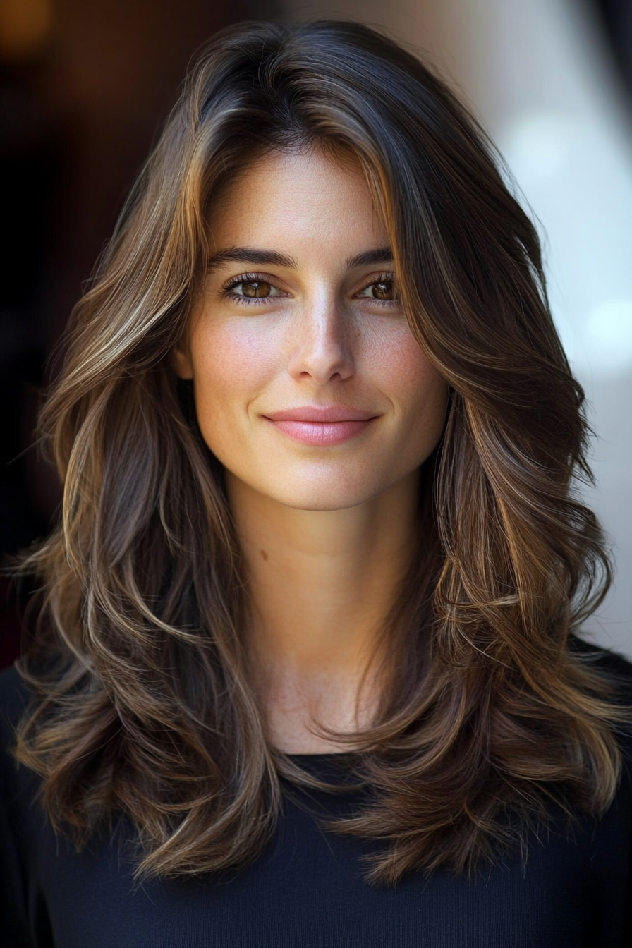 18. Feathered Layers with Center Part in Medium Brown (Layered Hairstyles For Thin Hair) - Layered Hairstyles For Thin Hair