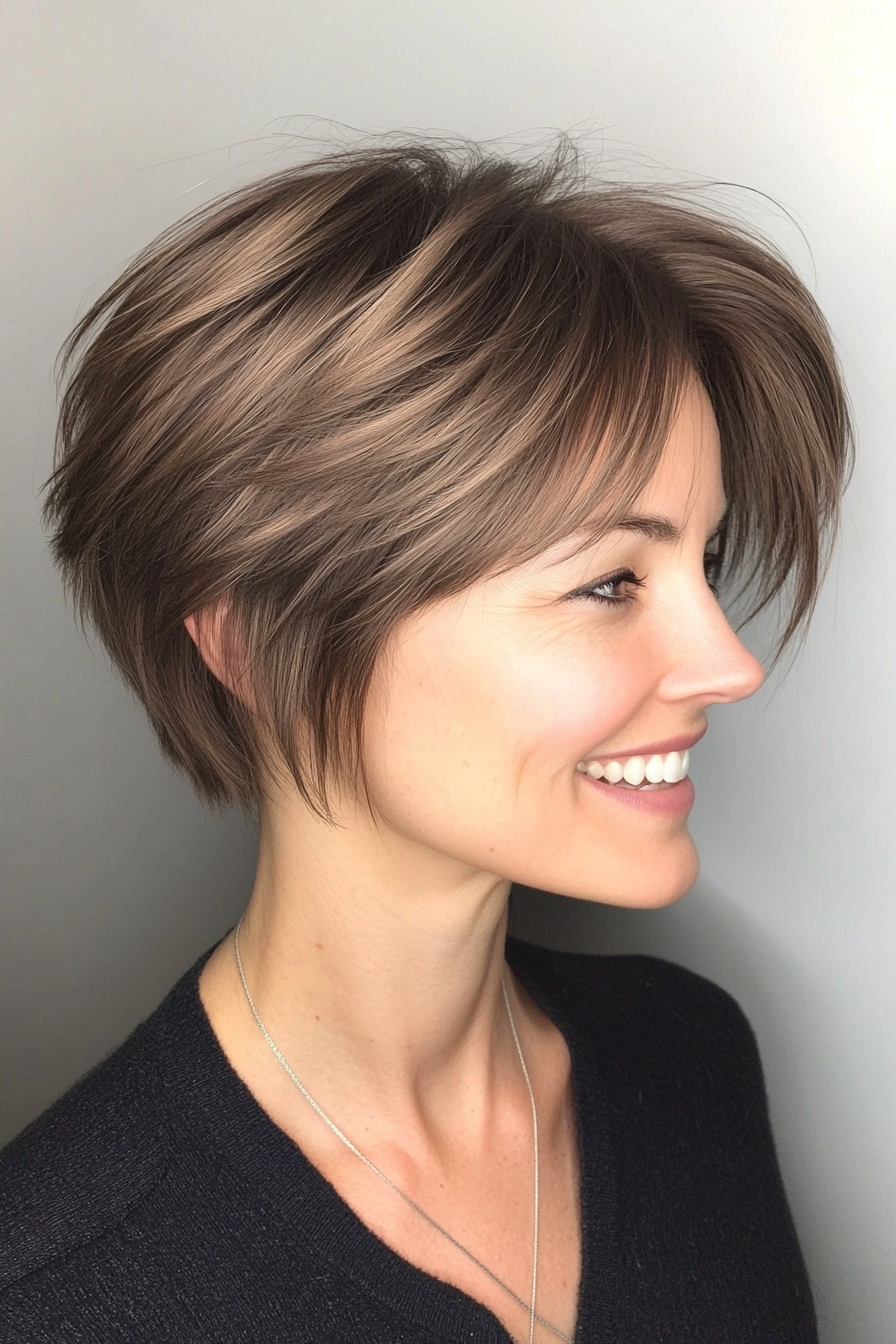 21. Long Layered Pixie in Ash Brown (Layered Hairstyles For Thin Hair) - Layered Hairstyles For Thin Hair
