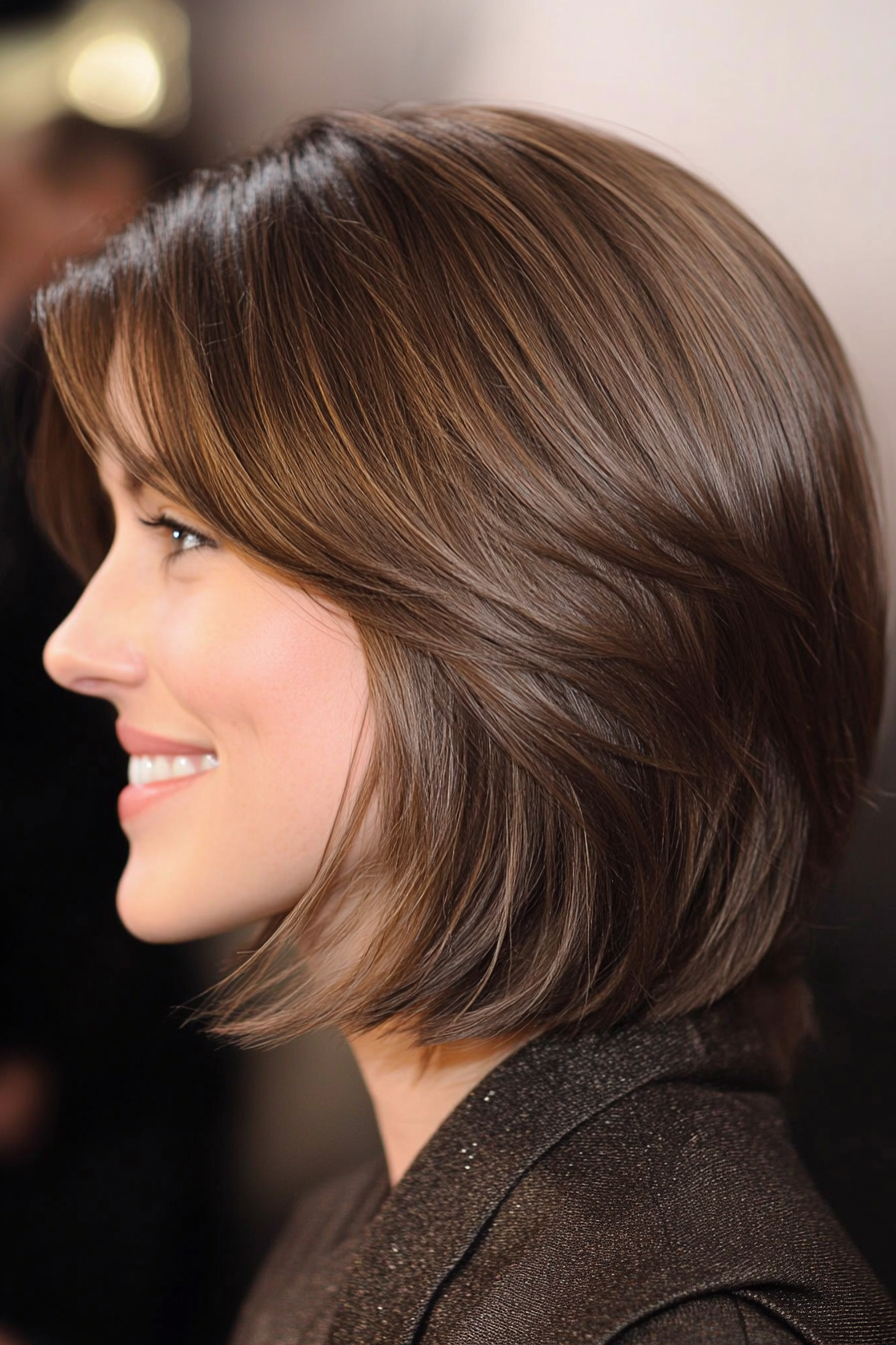 22. Layered Bob with Blunt Bangs in Chocolate Brown (Layered Hairstyles For Thin Hair) - Layered Hairstyles For Thin Hair