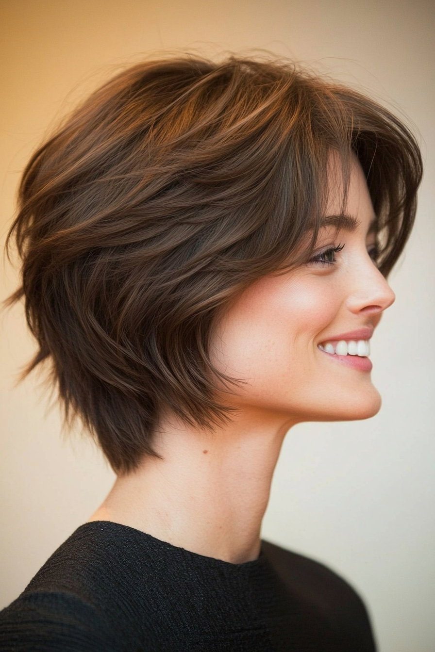 25. Short Shag with Textured Layers in Natural Brunette (Layered Hairstyles For Thin Hair) - Layered Hairstyles For Thin Hair