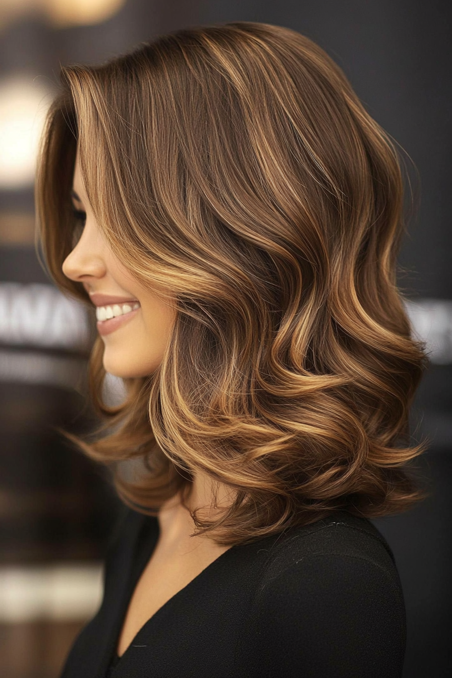 26. Layered Lob with Soft Curls in Warm Mocha (Layered Hairstyles For Thin Hair) - Layered Hairstyles For Thin Hair