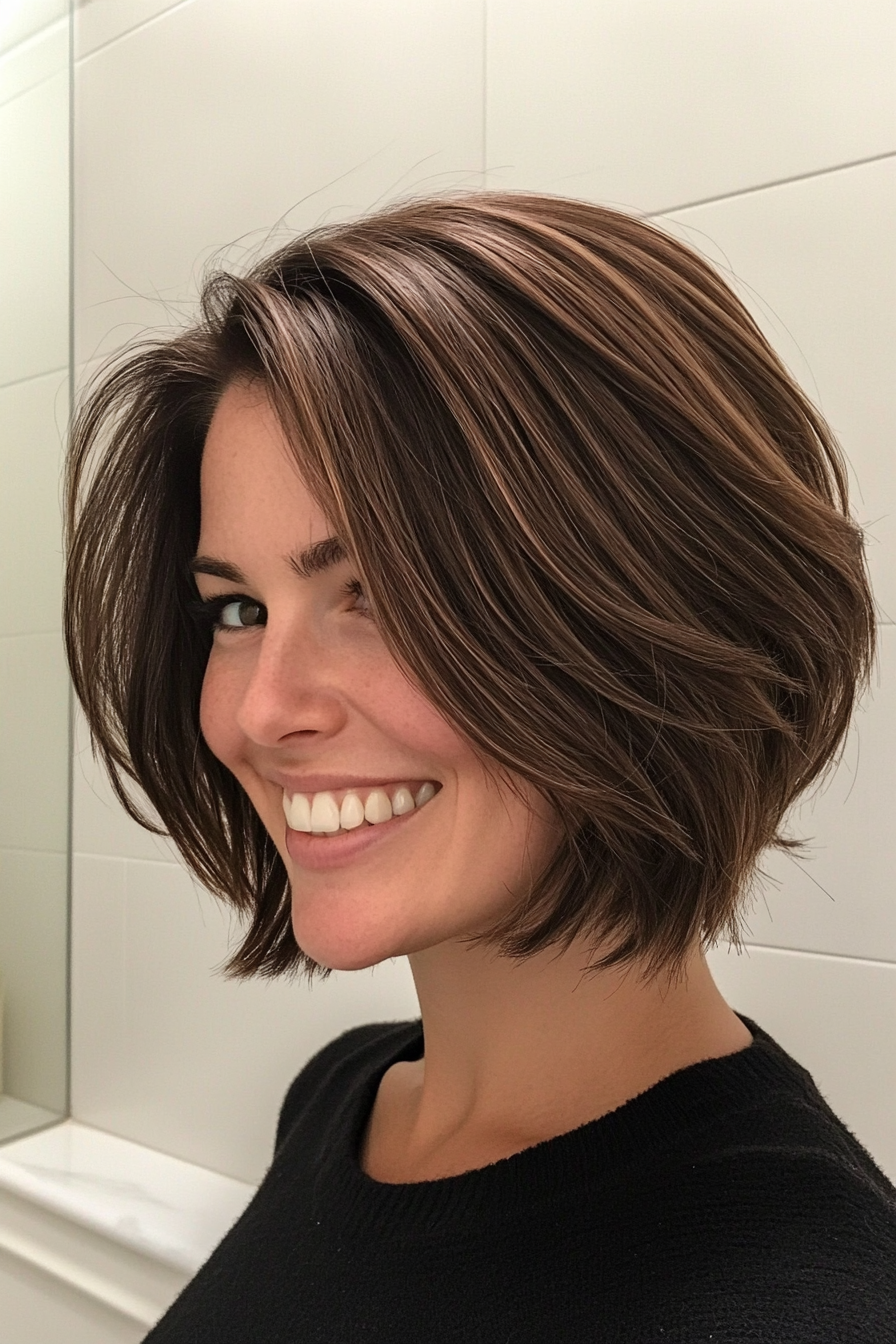 27. Chin-Length Layered Bob in Classic Brown (Layered Hairstyles For Thin Hair) - Layered Hairstyles For Thin Hair