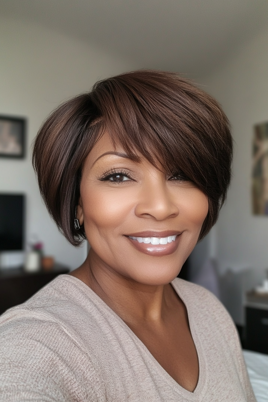 3. Textured Pixie with Side-Swept Bangs (Warm Chestnut Brown) (Black Hairstyles For Older Women) - Black Hairstyles For Older Women