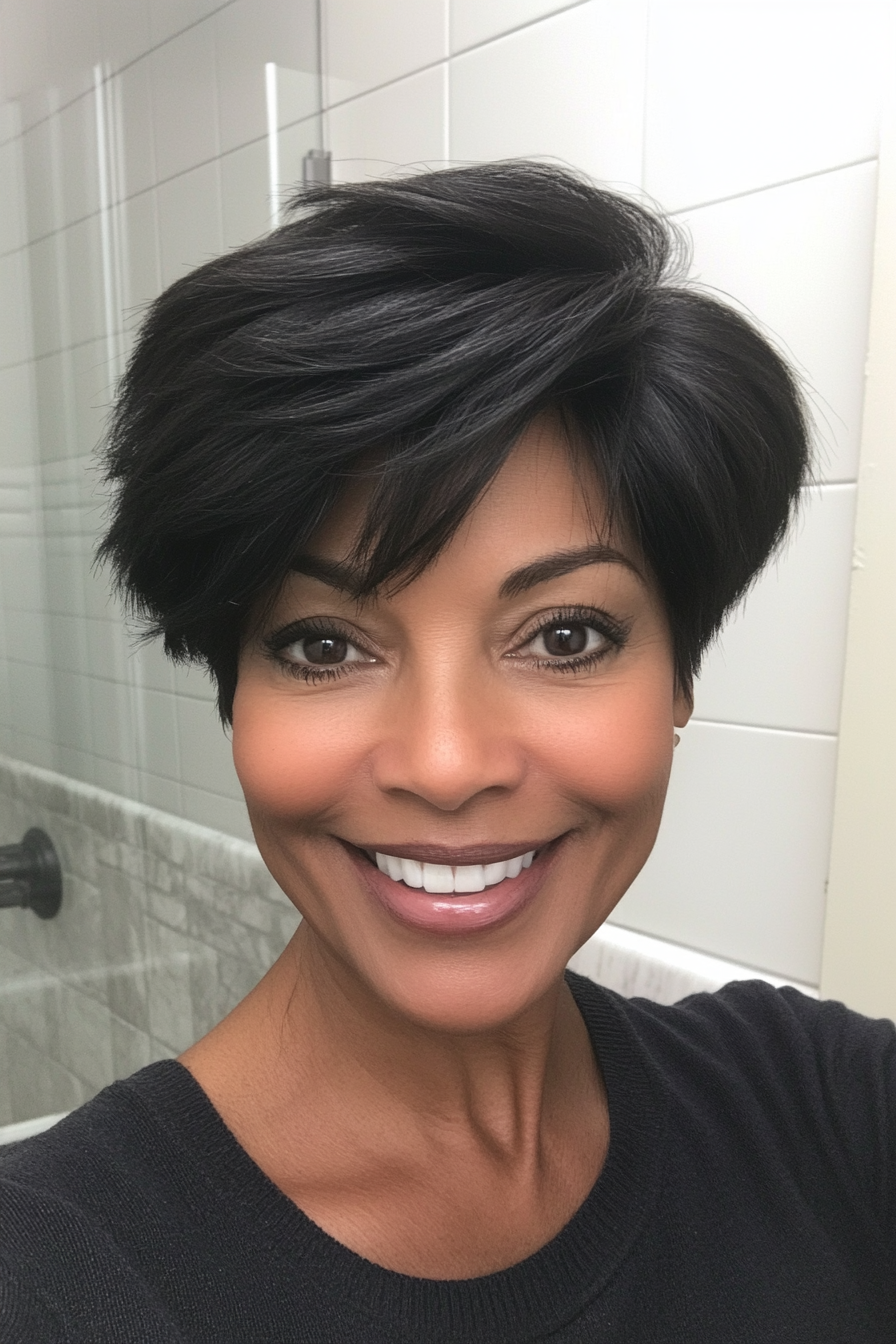 8. Short Feathered Layers (Natural Black) (Black Hairstyles For Older Women) - Black Hairstyles For Older Women