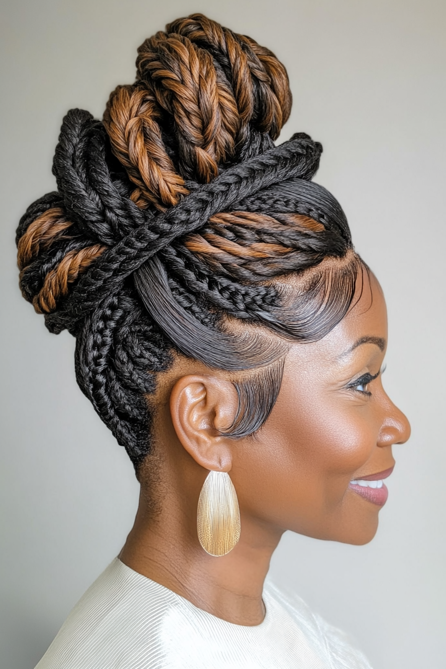 11. Braided Crown Updo (Warm Mocha Brown) (Black Hairstyles For Older Women) - Black Hairstyles For Older Women