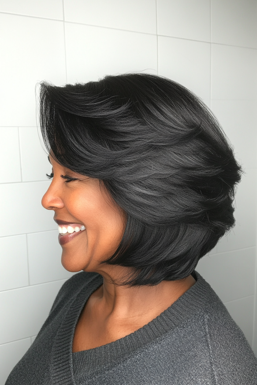 13. Stacked Bob with Layers (Natural Black) (Black Hairstyles For Older Women) - Black Hairstyles For Older Women
