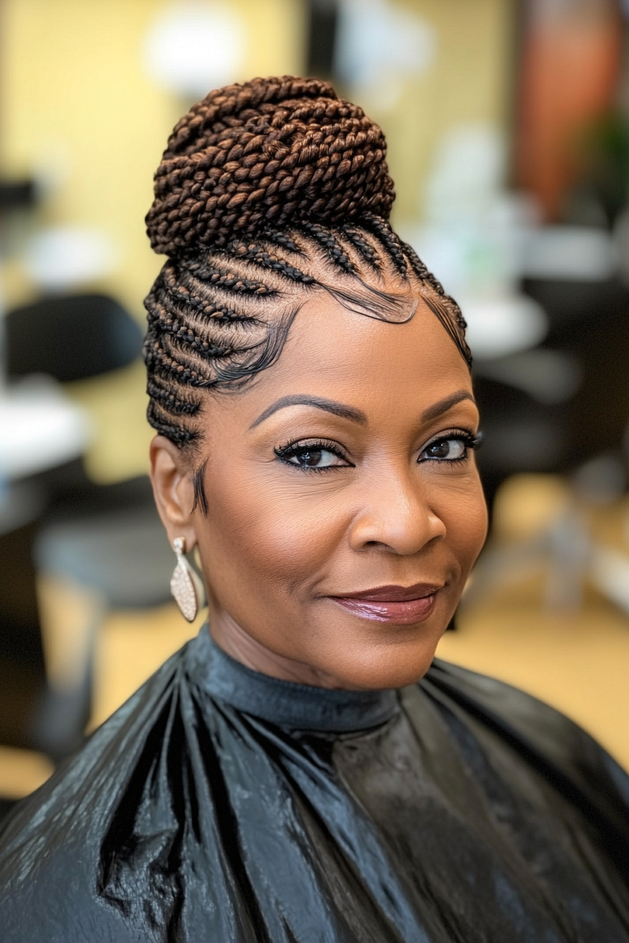 19. Classic Cornrows Pulled into Bun (Deep Brown) (Black Hairstyles For Older Women) - Black Hairstyles For Older Women