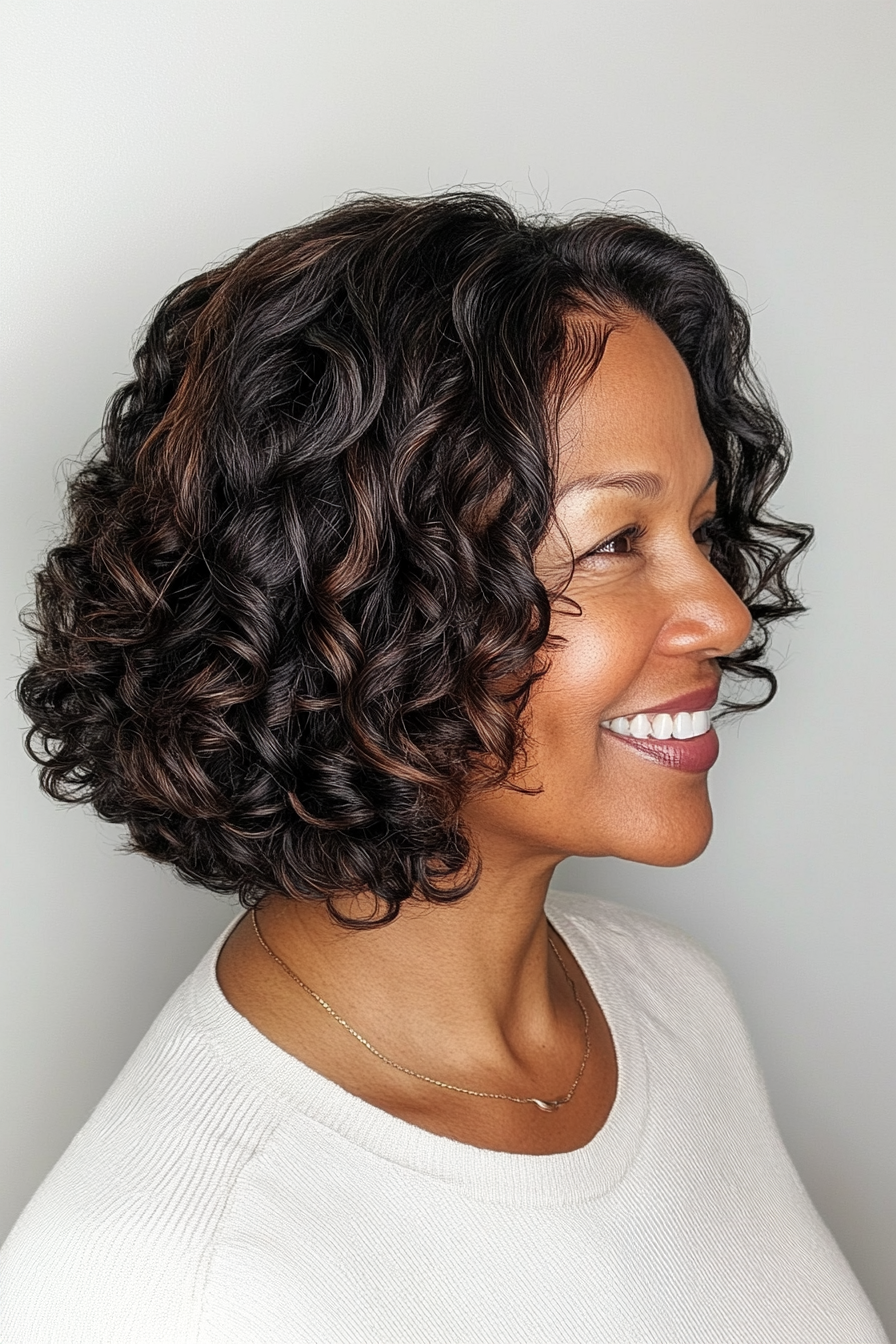 22. Side-Swept Curly Bob (Mahogany Brown) (Black Hairstyles For Older Women) - Black Hairstyles For Older Women