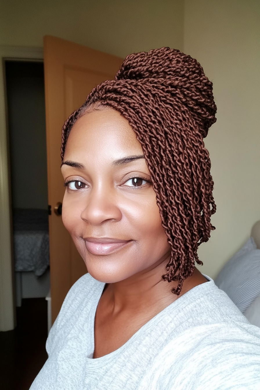 26. Classic Flat Twists with Side Bun (Warm Chestnut Brown) (Black Hairstyles For Older Women) - Black Hairstyles For Older Women