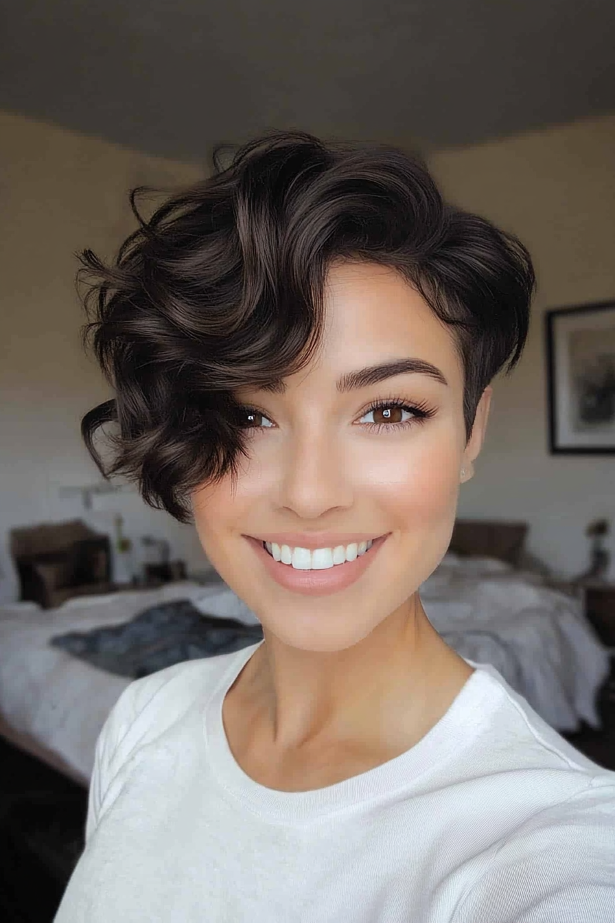 13. Wavy Dark Coffee Pixie with Side Part (Pixie Haircuts) - Pixie Haircuts