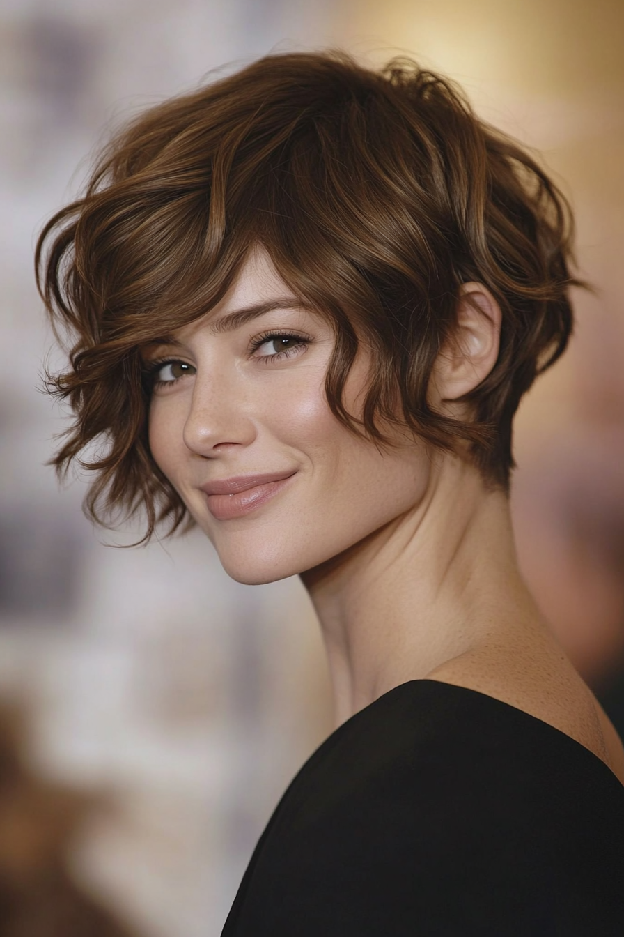 25. Wavy Mocha Brown Pixie with Side Bangs (Pixie Haircuts) - Pixie Haircuts