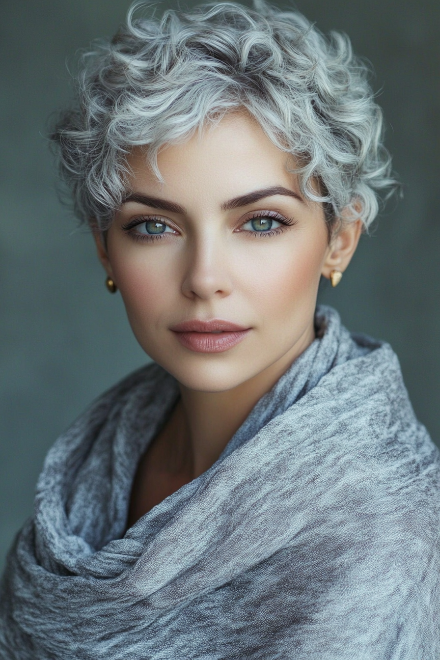 2. Voluminous Curly Pixie in Silver Gray (Curly Hairstyles For Women Over 60) - Curly Hairstyles For Women Over 60