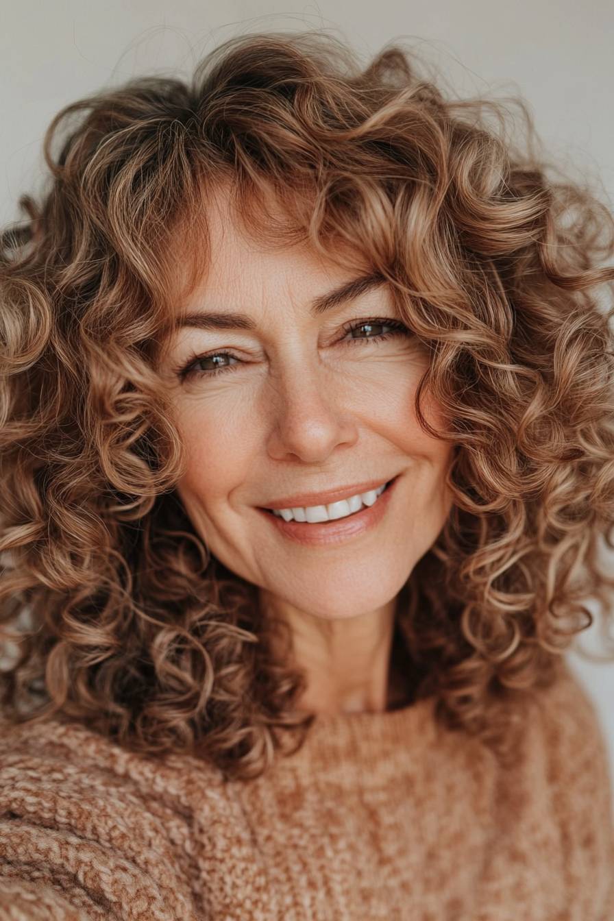 8. Chin-Length Curls in Warm Caramel Brown (Curly Hairstyles For Women Over 60) - Curly Hairstyles For Women Over 60