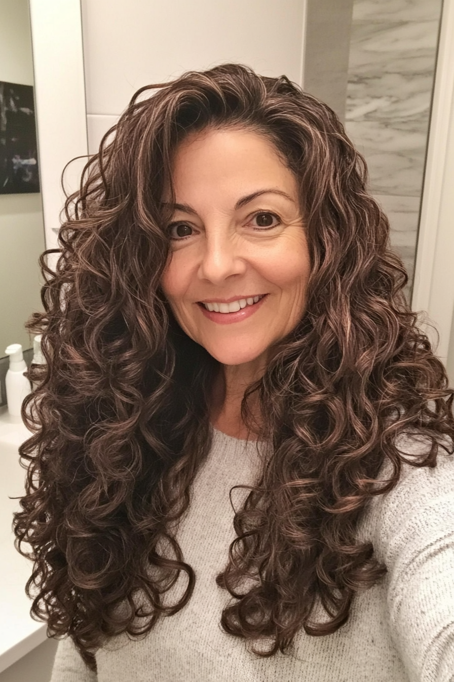 9. Long Defined Curls in Espresso Brown (Curly Hairstyles For Women Over 60) - Curly Hairstyles For Women Over 60