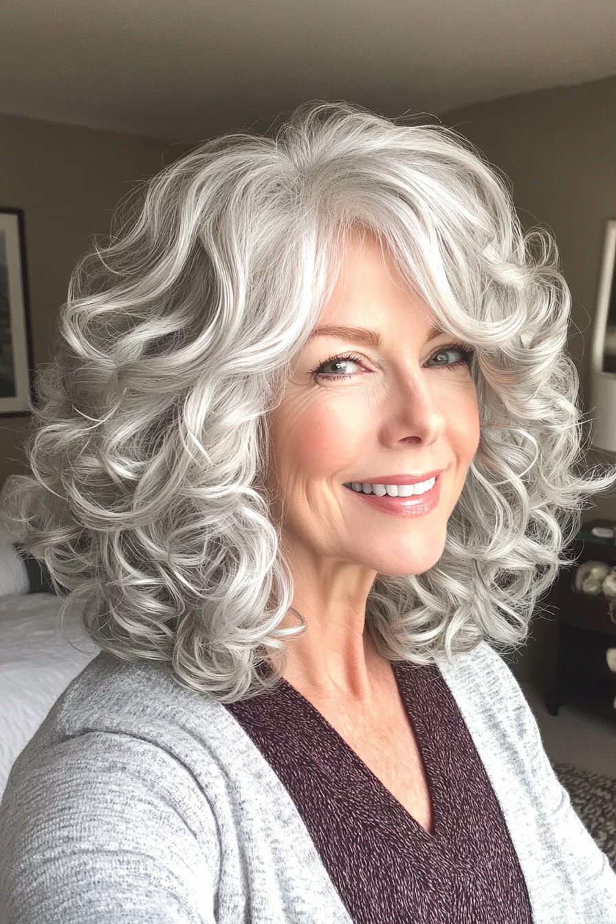 14. Curly Bob with Bangs in Silver Blonde (Curly Hairstyles For Women Over 60) - Curly Hairstyles For Women Over 60