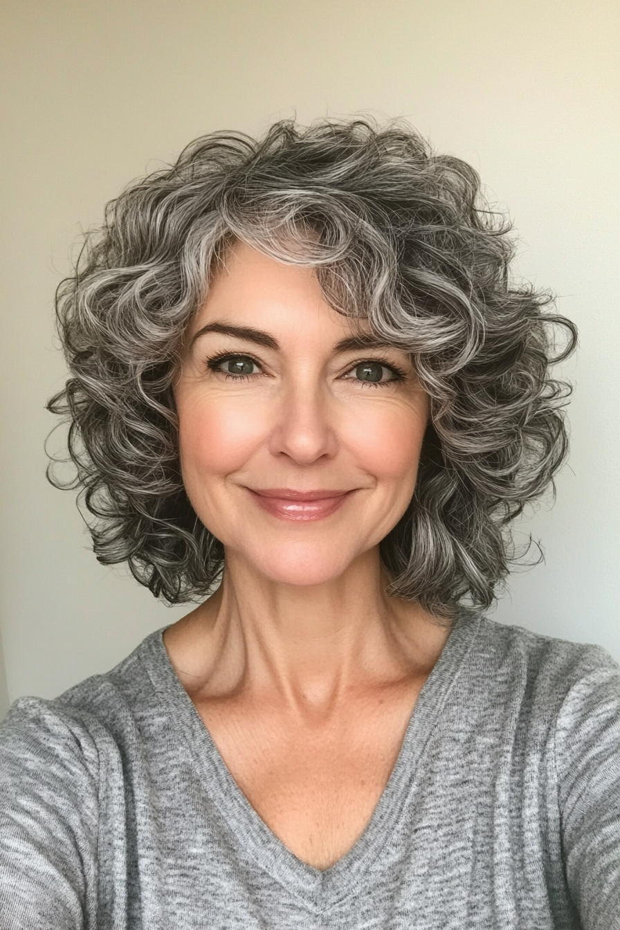 15. Rounded Short Curls in Smoky Gray (Curly Hairstyles For Women Over 60) - Curly Hairstyles For Women Over 60