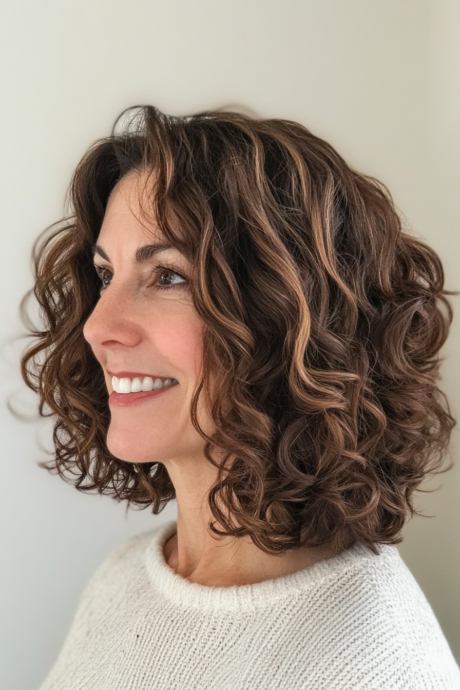16. Loose Curly Lob in Dark Chestnut (Curly Hairstyles For Women Over 60) - Curly Hairstyles For Women Over 60