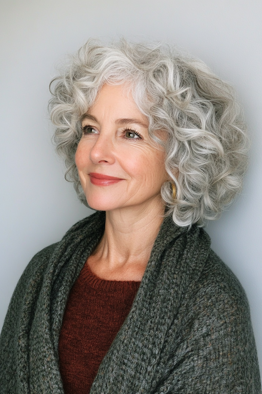 18. Neck-Length Shaggy Curls in Cool Platinum Blonde (Curly Hairstyles For Women Over 60) - Curly Hairstyles For Women Over 60