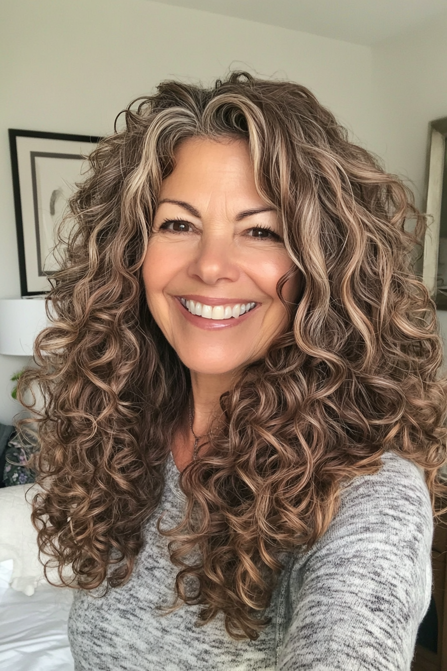 19. Layered Mid-Length Curls in Warm Hazelnut (Curly Hairstyles For Women Over 60) - Curly Hairstyles For Women Over 60