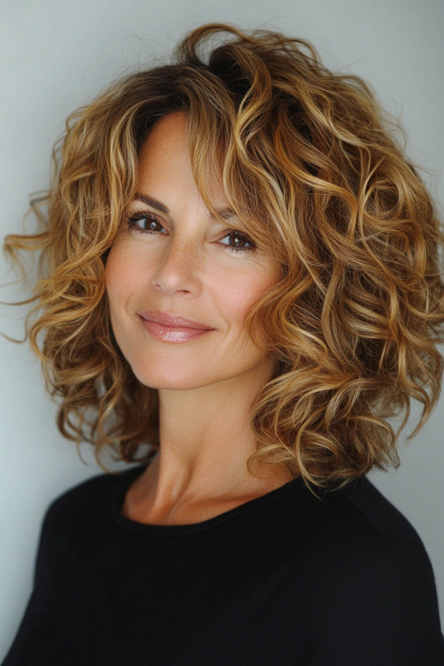 21. Asymmetrical Curly Cut in Dark Honey Blonde (Curly Hairstyles For Women Over 60) - Curly Hairstyles For Women Over 60