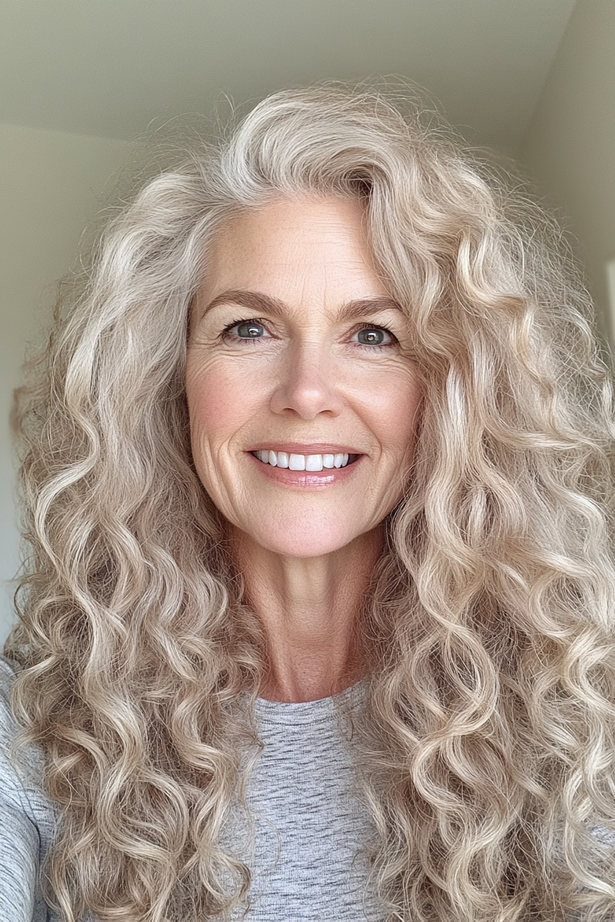 22. Long Curly Layers in Soft Beige Blonde (Curly Hairstyles For Women Over 60) - Curly Hairstyles For Women Over 60
