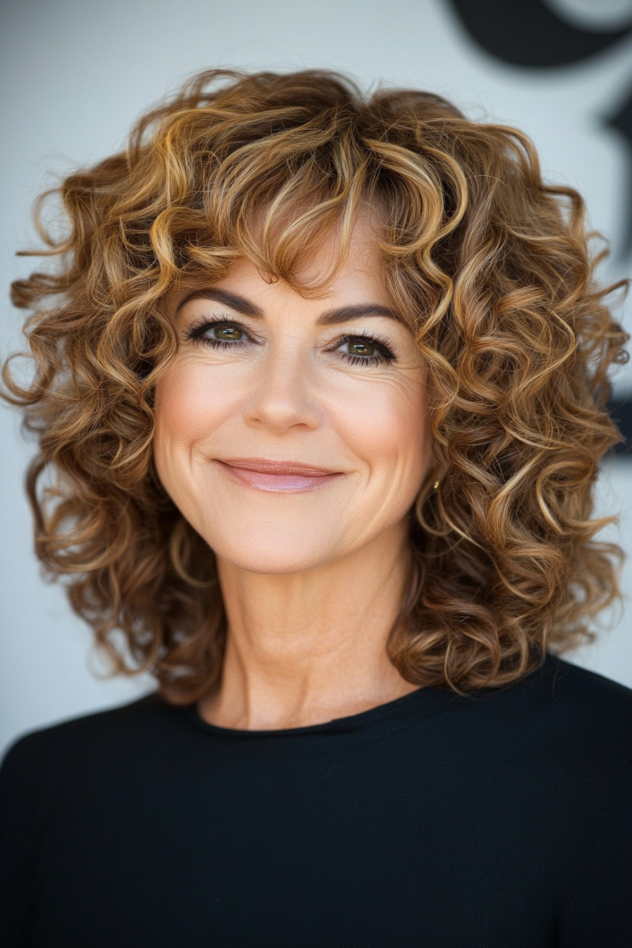 24. Classic Shoulder-Length Curls in Cinnamon Brown (Curly Hairstyles For Women Over 60) - Curly Hairstyles For Women Over 60