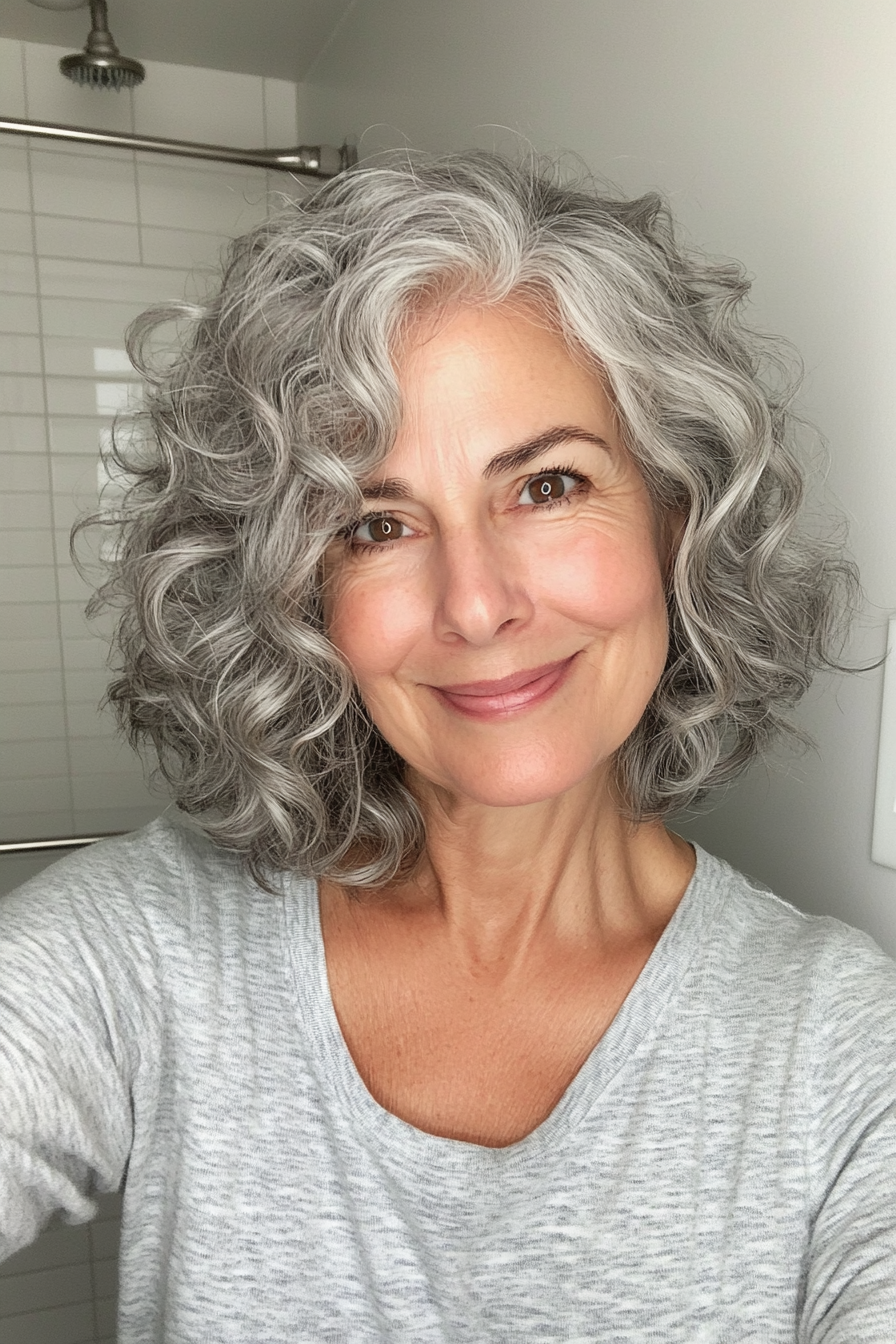 25. Feathered Curly Crop in Champagne Gray (Curly Hairstyles For Women Over 60) - Curly Hairstyles For Women Over 60