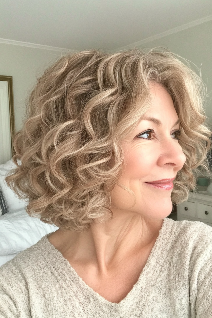 26. Tousled Curly Bob in Sandy Blonde (Curly Hairstyles For Women Over 60) - Curly Hairstyles For Women Over 60
