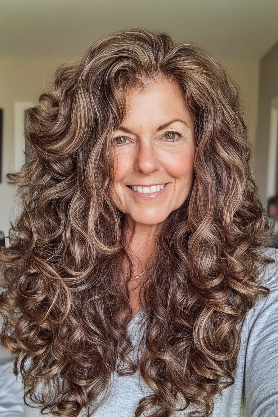 27. Face-Framing Curly Layers in Mocha Brown (Curly Hairstyles For Women Over 60) - Curly Hairstyles For Women Over 60