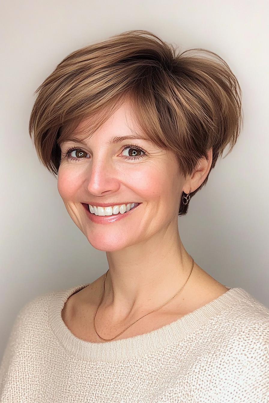 1. Soft Layered Pixie in Warm Chestnut (Short Hairstyles For Women Over 50 With Fine Hair) - Short Hairstyles For Women Over 50 With Fine Hair