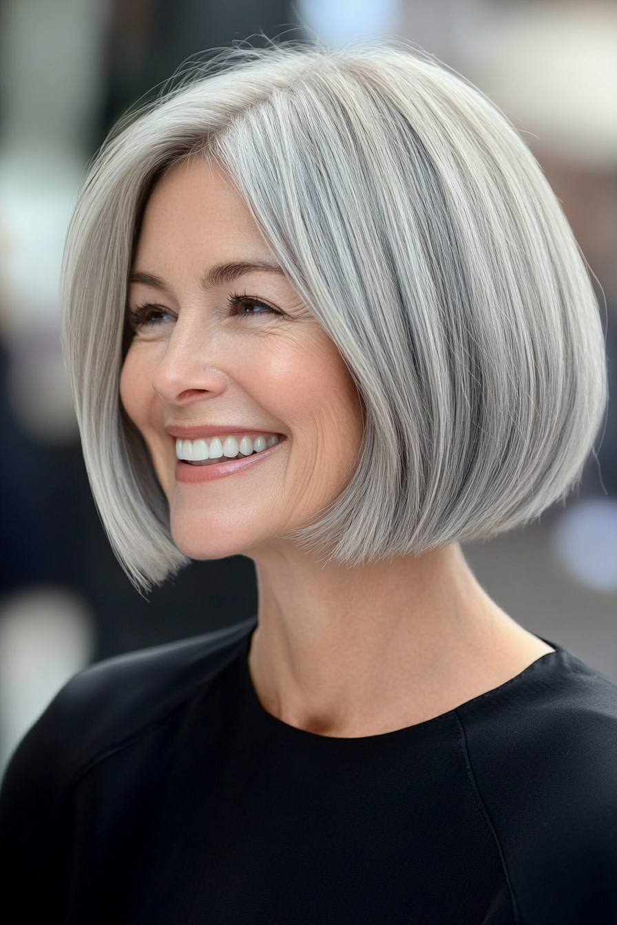 4. Classic Chin-Length Bob in Silver Grey (Short Hairstyles For Women Over 50 With Fine Hair) - Short Hairstyles For Women Over 50 With Fine Hair