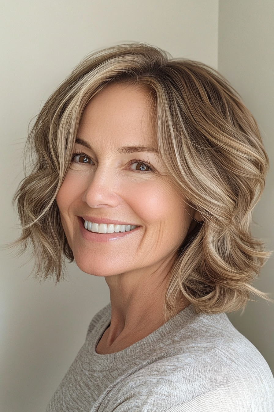 5. Wavy Shag in Light Brown with Subtle Caramel Lowlights (Short Hairstyles For Women Over 50 With Fine Hair) - Short Hairstyles For Women Over 50 With Fine Hair