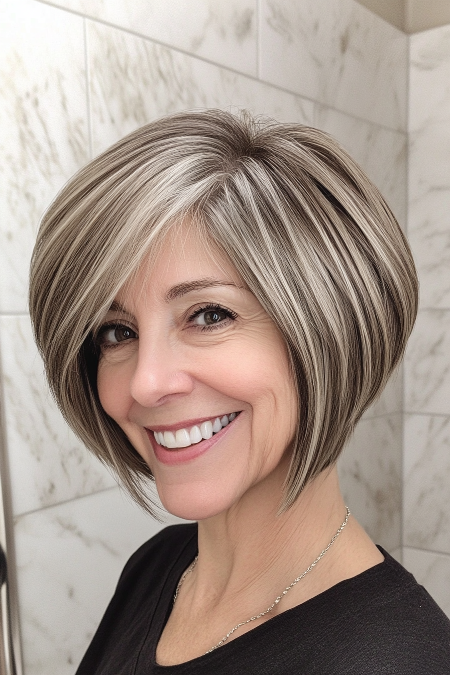 7. Layered A-Line Bob in Salt-and-Pepper Tones (Short Hairstyles For Women Over 50 With Fine Hair) - Short Hairstyles For Women Over 50 With Fine Hair
