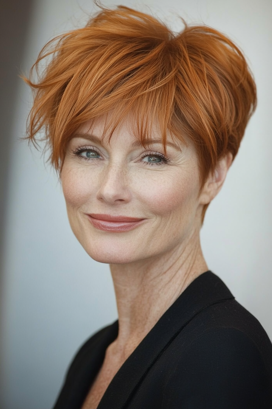 8. Wispy Bangs Pixie in Light Auburn (Short Hairstyles For Women Over 50 With Fine Hair) - Short Hairstyles For Women Over 50 With Fine Hair