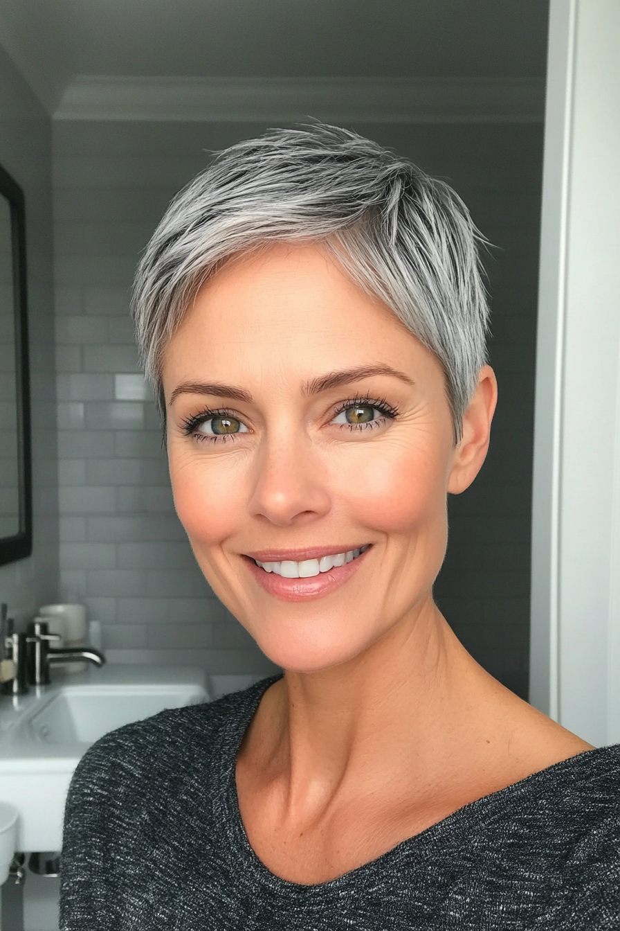13. Soft Undercut Pixie in Natural Grey (Short Hairstyles For Women Over 50 With Fine Hair) - Short Hairstyles For Women Over 50 With Fine Hair