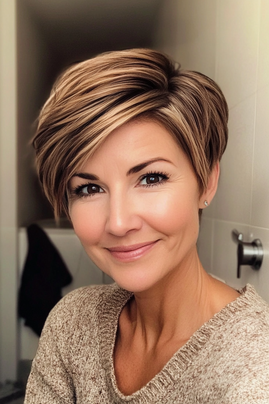 15. Side-Swept Pixie in Medium Caramel Brown (Short Hairstyles For Women Over 50 With Fine Hair) - Short Hairstyles For Women Over 50 With Fine Hair