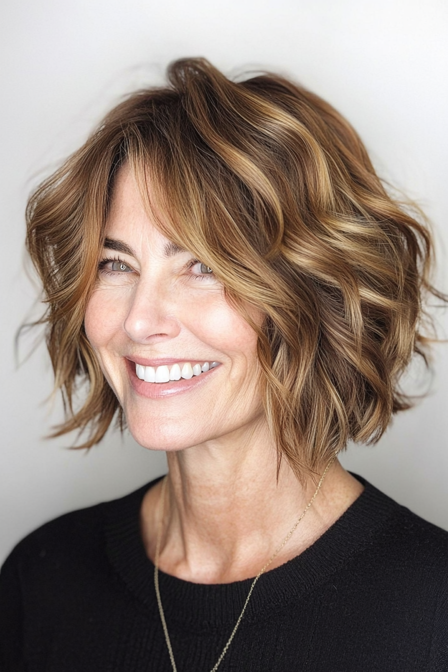 16. Messy Wavy Bob in Sun-Kissed Light Brown (Short Hairstyles For Women Over 50 With Fine Hair) - Short Hairstyles For Women Over 50 With Fine Hair