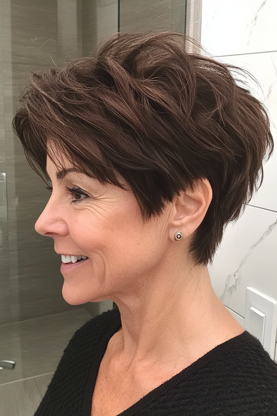 18. Edgy Textured Pixie in Deep Mahogany Brown (Short Hairstyles For Women Over 50 With Fine Hair) - Short Hairstyles For Women Over 50 With Fine Hair