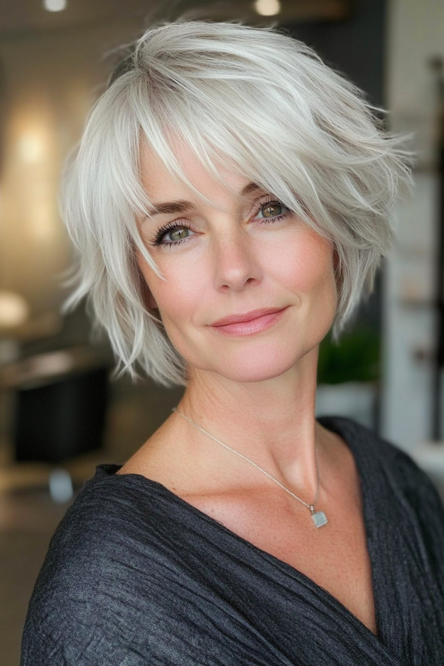 21. Short Feathered Layers in Silver Platinum (Short Hairstyles For Women Over 50 With Fine Hair) - Short Hairstyles For Women Over 50 With Fine Hair