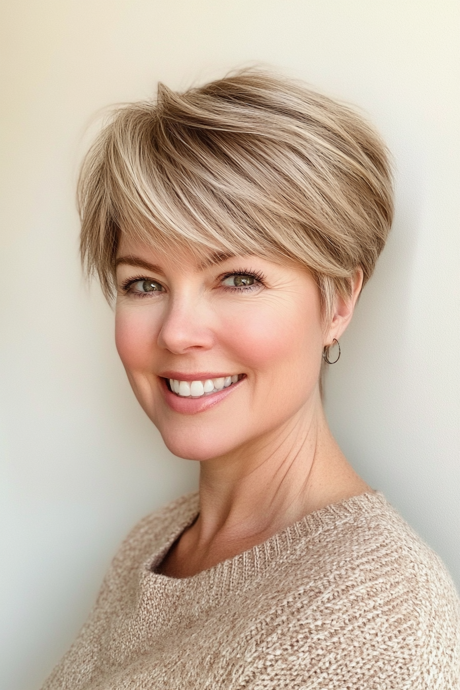 22. Modern Pixie with Side Bangs in Soft Beige Blonde (Short Hairstyles For Women Over 50 With Fine Hair) - Short Hairstyles For Women Over 50 With Fine Hair