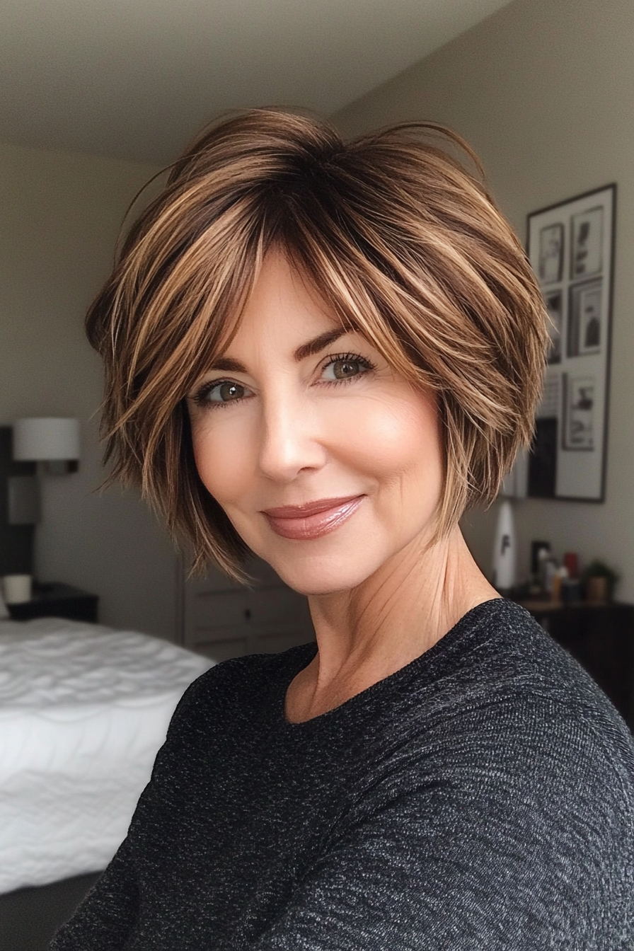 24. Choppy Short Bob in Deep Golden Brown (Short Hairstyles For Women Over 50 With Fine Hair) - Short Hairstyles For Women Over 50 With Fine Hair