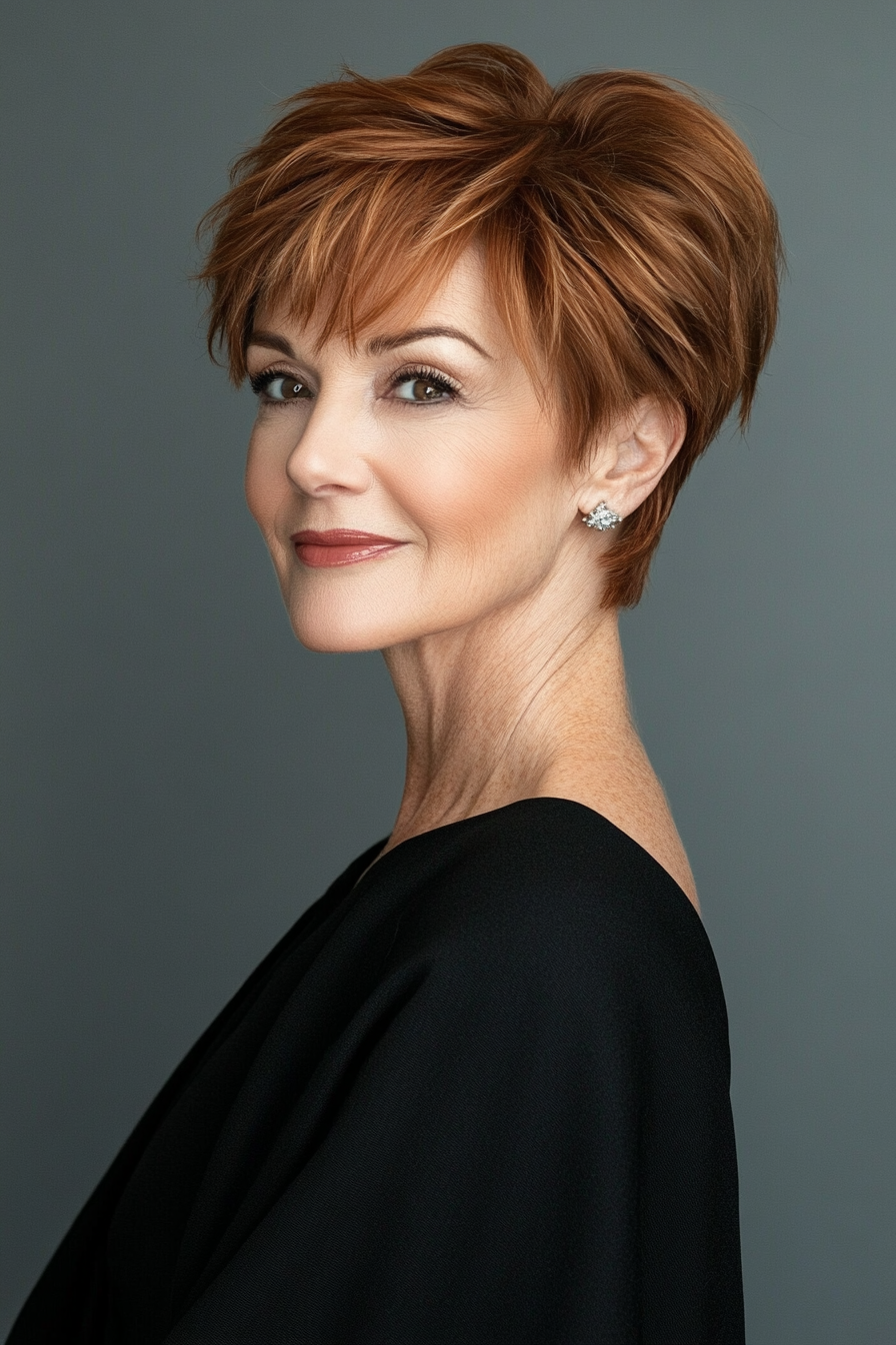 27. Side-Parted Pixie in Warm Cinnamon Brown (Short Hairstyles For Women Over 50 With Fine Hair) - Short Hairstyles For Women Over 50 With Fine Hair